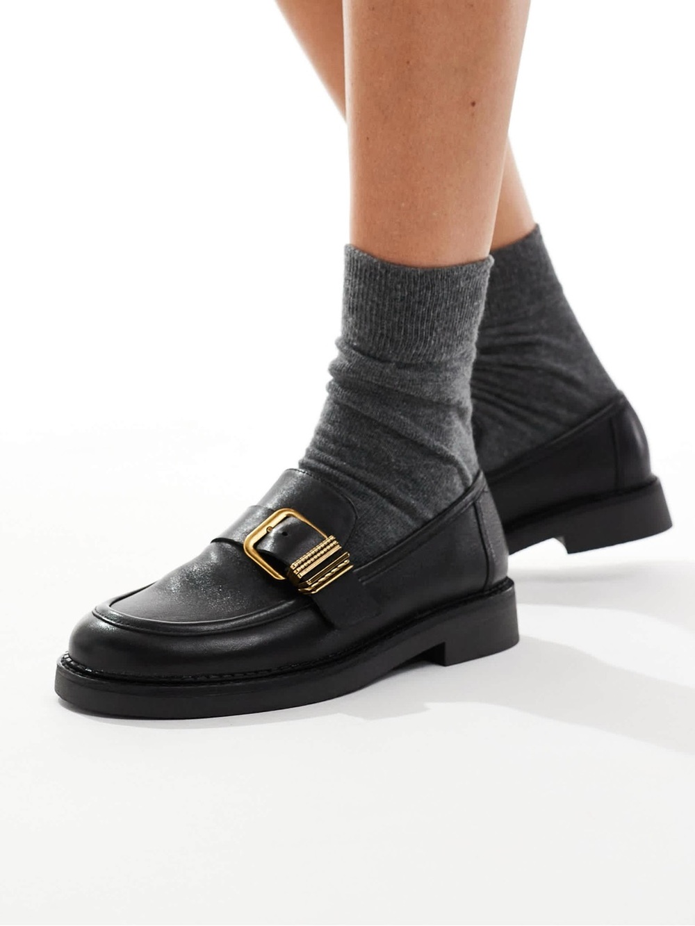 Aldo Black Leather Loafers with Gold Buckle Detail